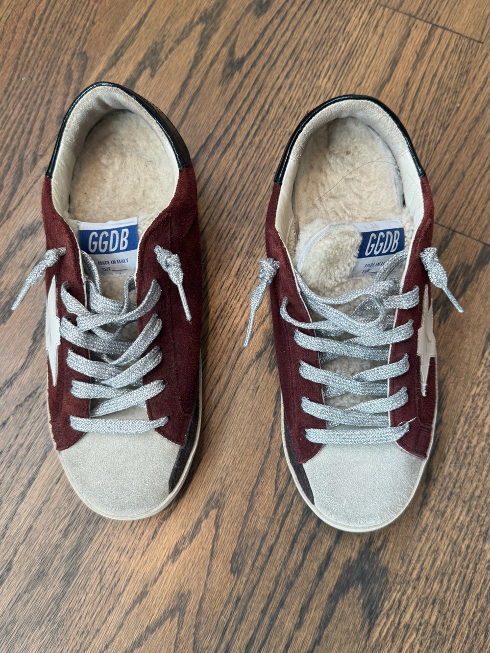 Golden Goose Sz37 Super Star Burgundy Suede -shearling lined with Silver laces